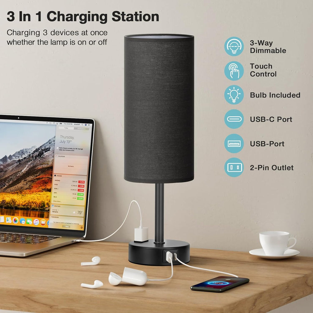 Fenmzee Black Bedroom Lamp for Nightstand - 3 Way Dimmable Bedside Lamp USB C A Charging Ports and AC Outlet, Small Table Lamp Black Base…