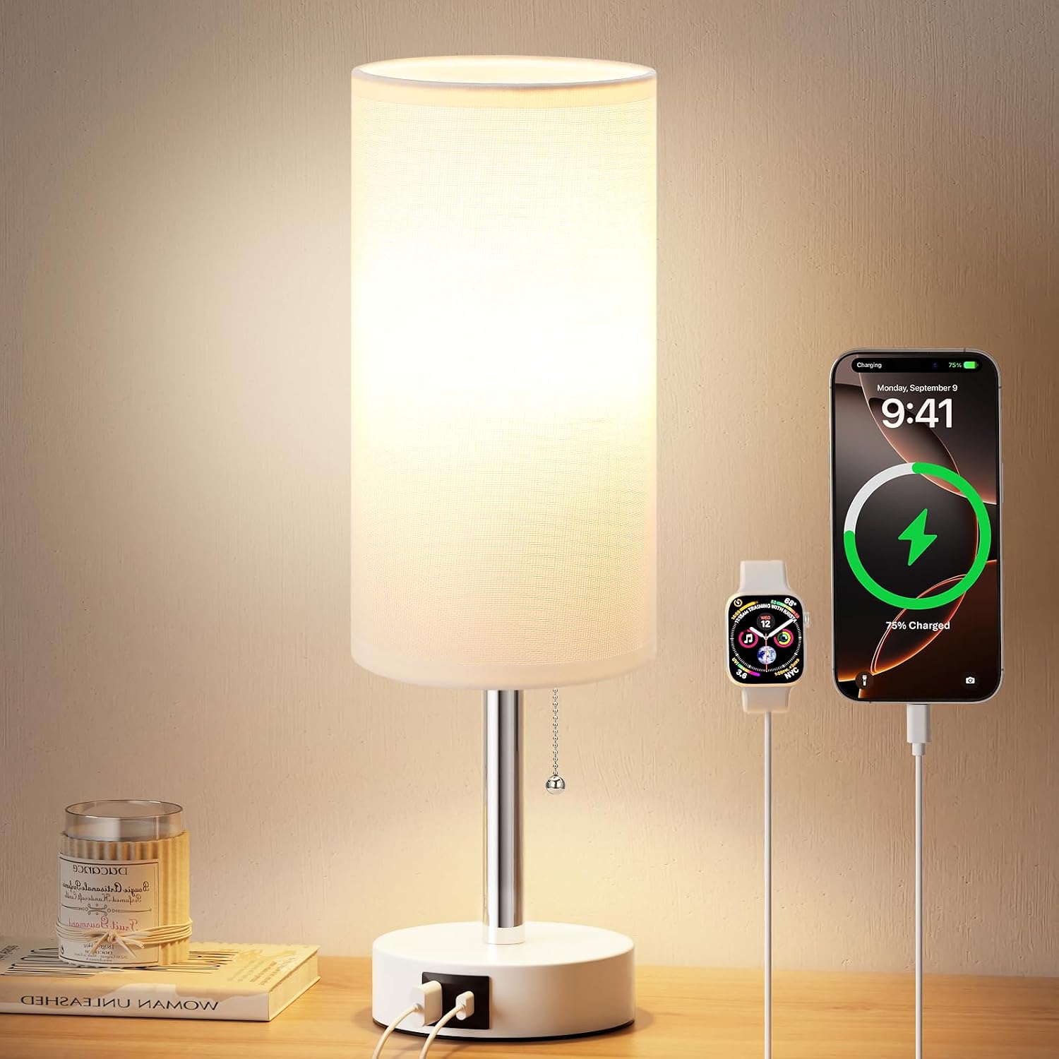 Dicoool Small Bedside Table lamp for Bedroom - 3 Color Modes, Desk Lamp with USB-C and USB-A Charging Ports, Pull Chain, Nightstand Light…