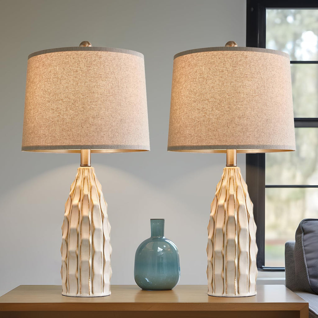 USumkky Ceramic Table Lamps Set of 2, 23.75" Modern Farmhouse Bedside Lamp - Cream Nightstand Lamps for Bedroom, Boho Living Room End…