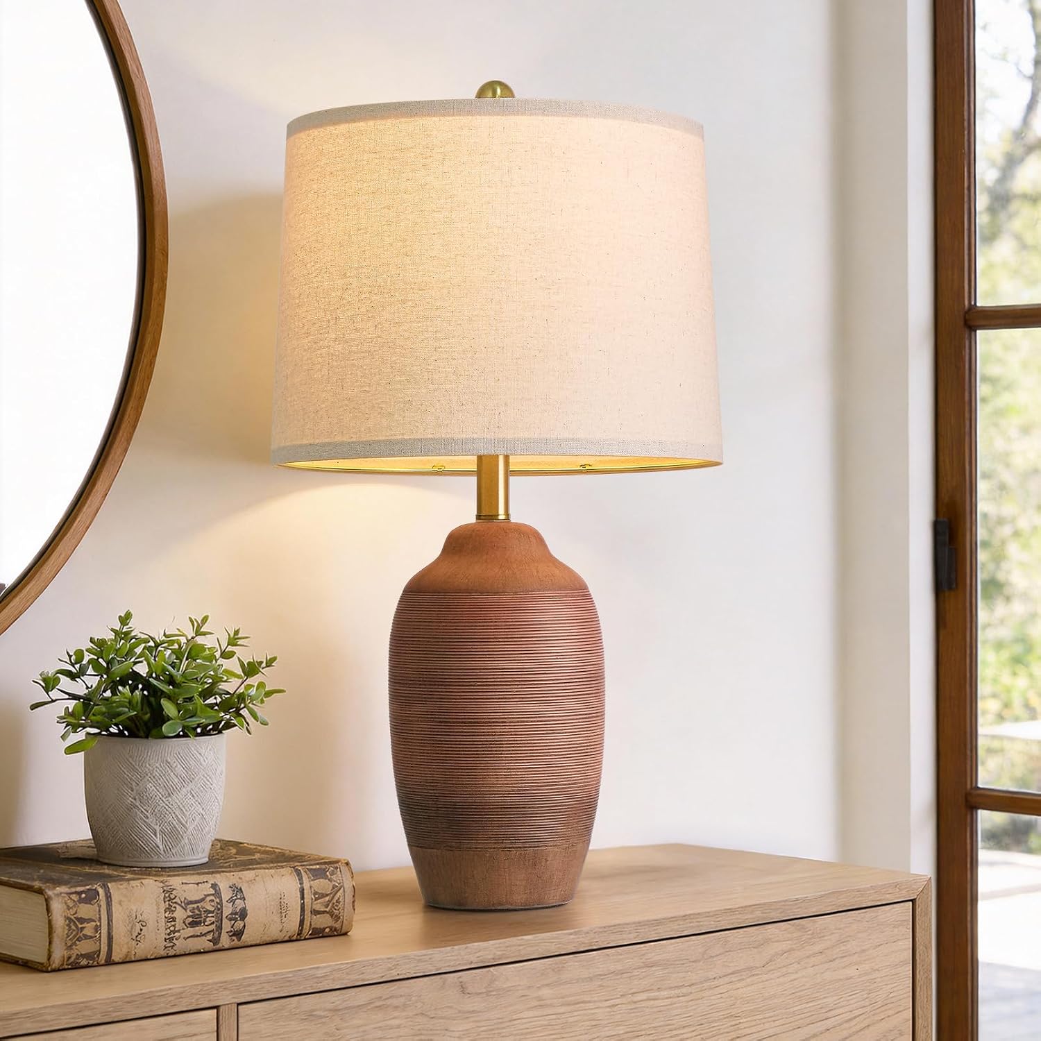 USumkky 24.5" Single Rustic Terracotta Brown Handcrafted Ceramic Table Lamp 5FT Cord, Farmhouse Vintage Lamp with Linen Drum Shade, Bedside…