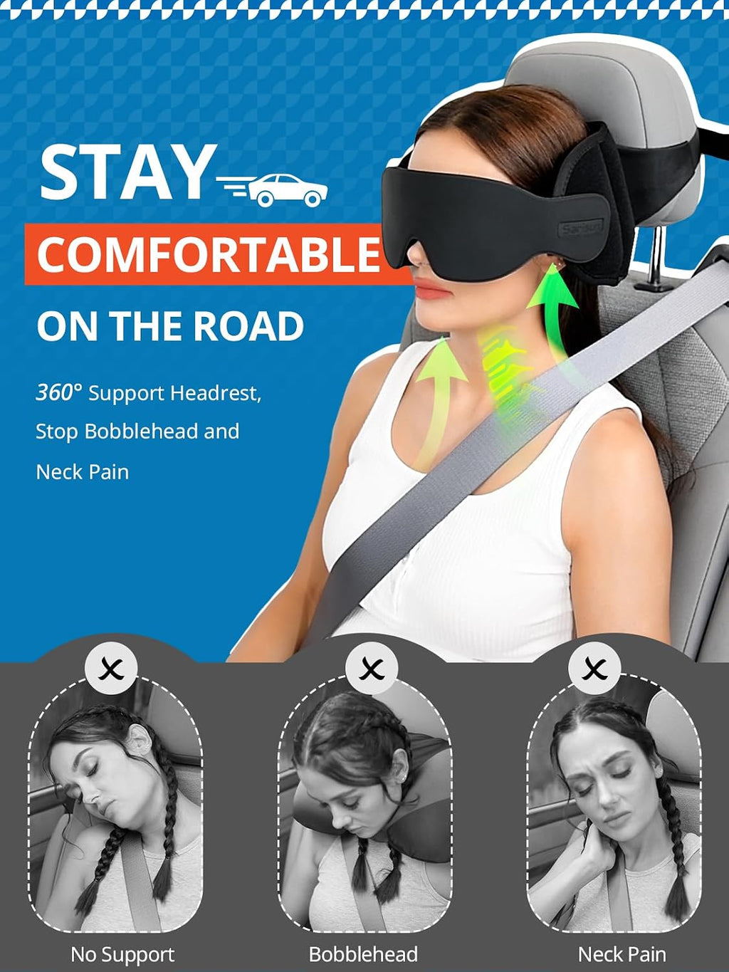 SARISUN Travel Pillow, Car Travel Pillow with 3D Eye Mask for Sleep, 360° Head Support Strap for All Car Seat, Road Trip Essentials, Stop…