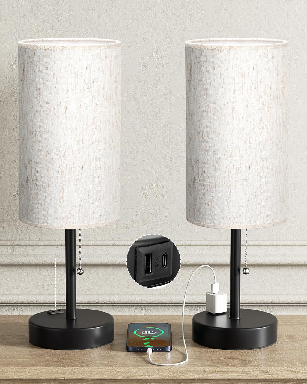 Fenmzee Plus Bedside Table Lamps Set of 2-3 Color Temperatures Pull Chain Lamp with AC Outlet Charging Port, Round Night Stand Lamps for…