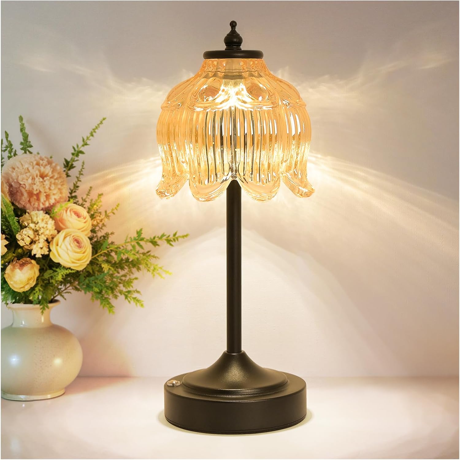 Cordless Lotus Flower Table Lamp, 5200mAh Rechargeable Battery Operated Portable Lamp, 3-Color Dimmable Touch Control Small Desk Lamp for…