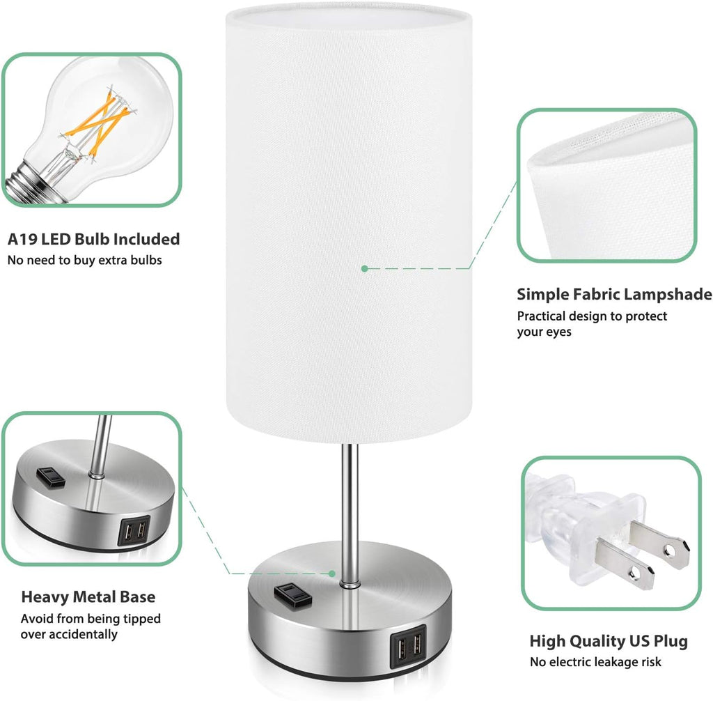 Brightever Set of 2 Touch Control Table Lamps with 2 USB Charging Ports&AC Outlet, 3-Way Dimmable Bedside Nightstand Lamps with White Fabri…