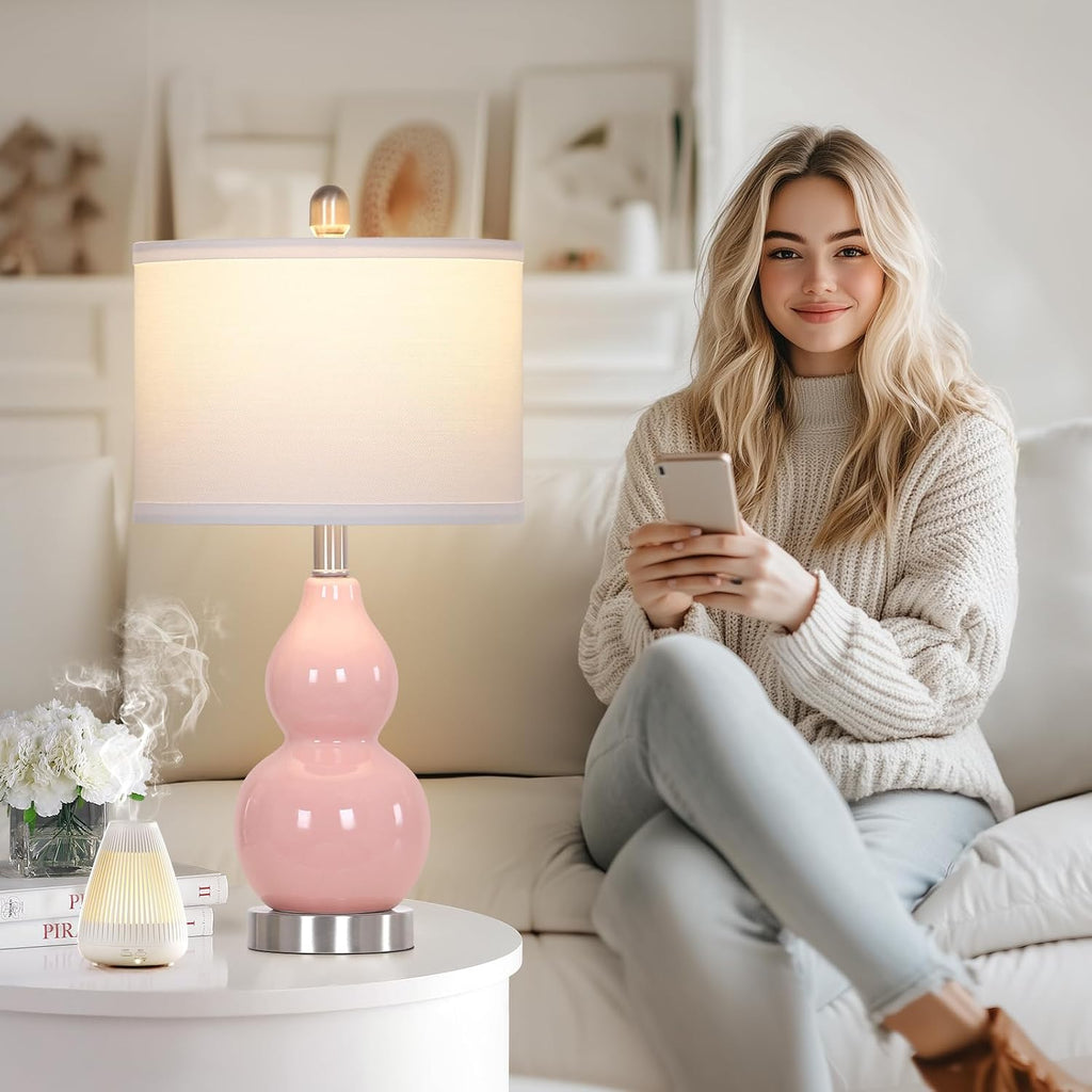 Rinweey Double Gourd Ceramic Table Lamps Set of 2, Modern Pink Bedside Lamps for Night Stand, Contemporary Nightstand Lamps for Bedroom…