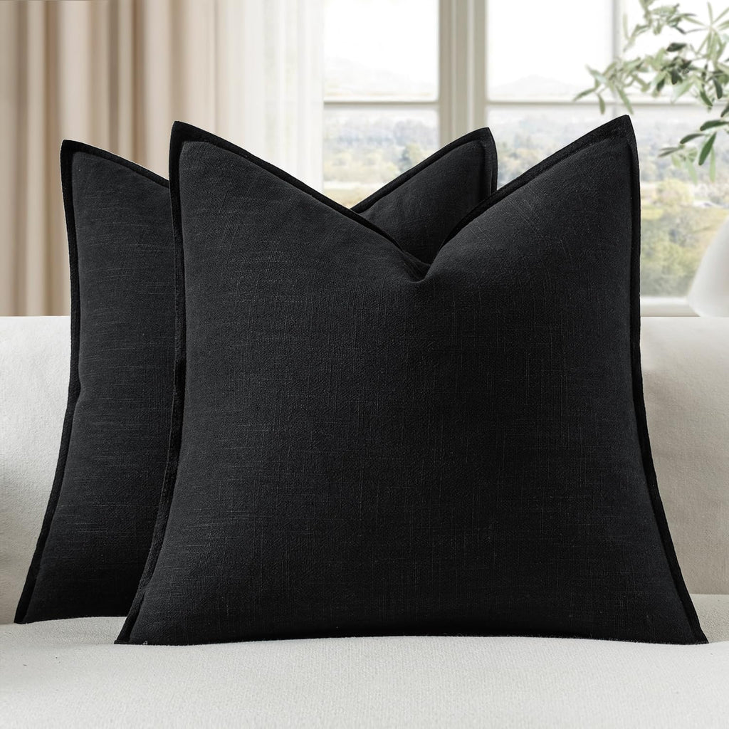 EMEMA Decorative Linen Throw Pillow Covers 22x22 Inch Black Boho Farmhouse Neutral Couch Throw Pillows for Bed Pack of 2 Accent…