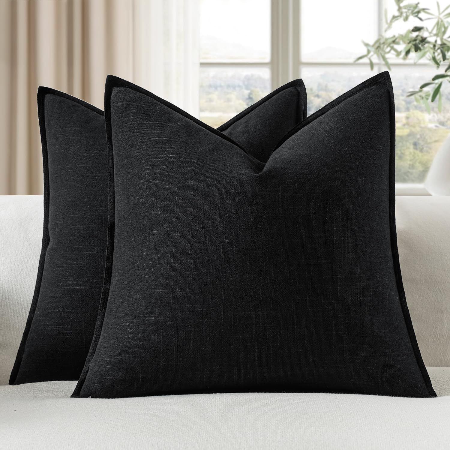 EMEMA Decorative Linen Throw Pillow Covers 22x22 Inch Black Boho Farmhouse Neutral Couch Throw Pillows for Bed Pack of 2 Accent…