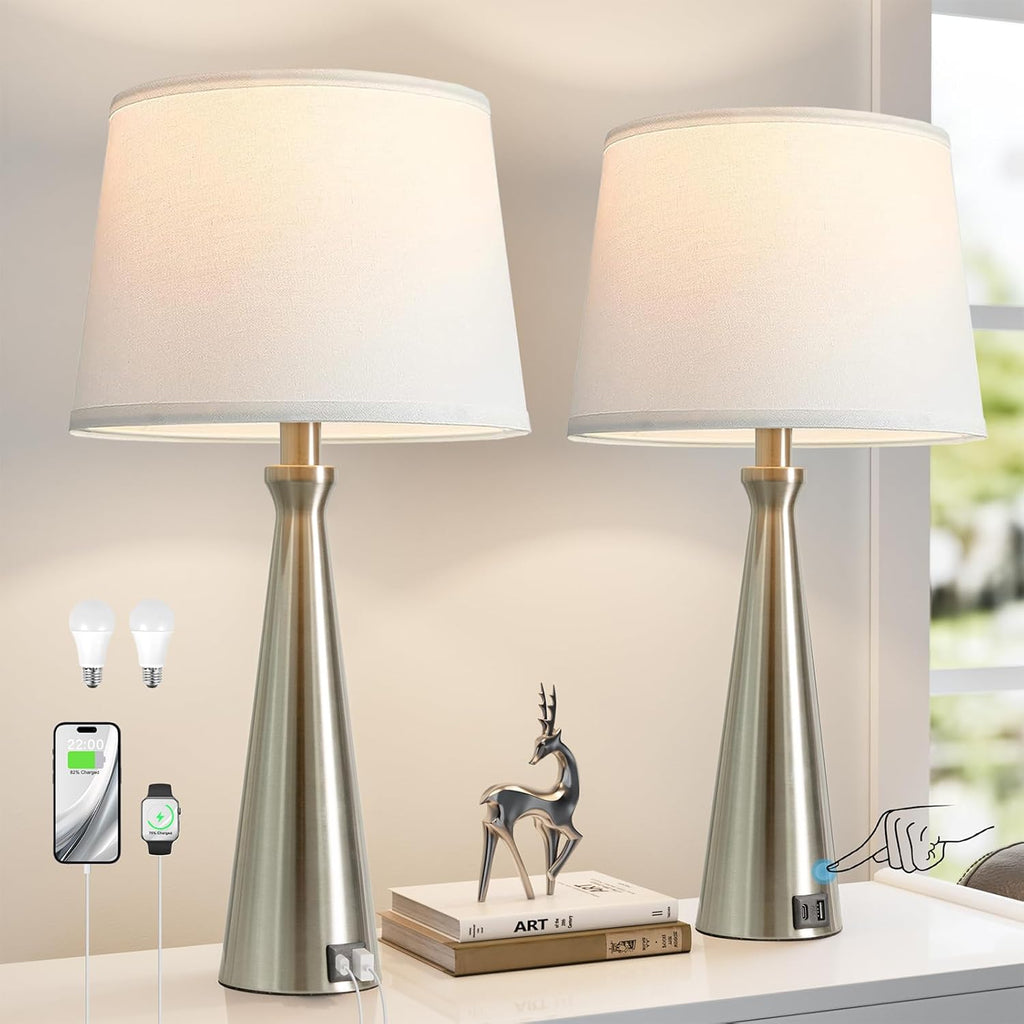 Seealle Modern Table Lamps Set of 2 - Touch Bedside Lamp for Nightstand with Dual USB C+A,3-Way Dimmable Silver Nightstand Lamps for…