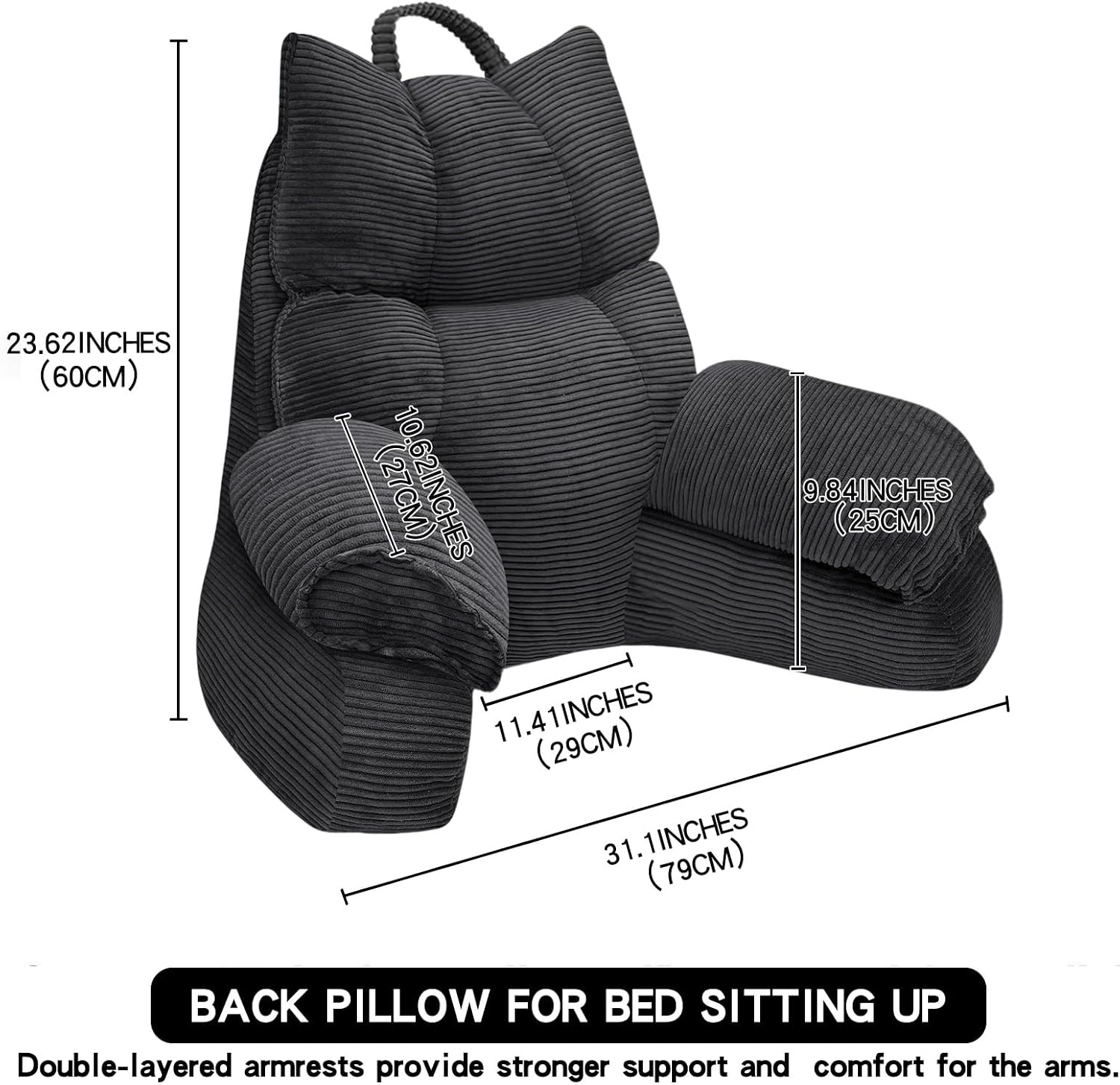 RRPAHWTV Reading Pillow for Bed with High Arm Rests, Back Support Pillow for Sitting Up in Bed with Shredded Memory Foam for Reading, TV…