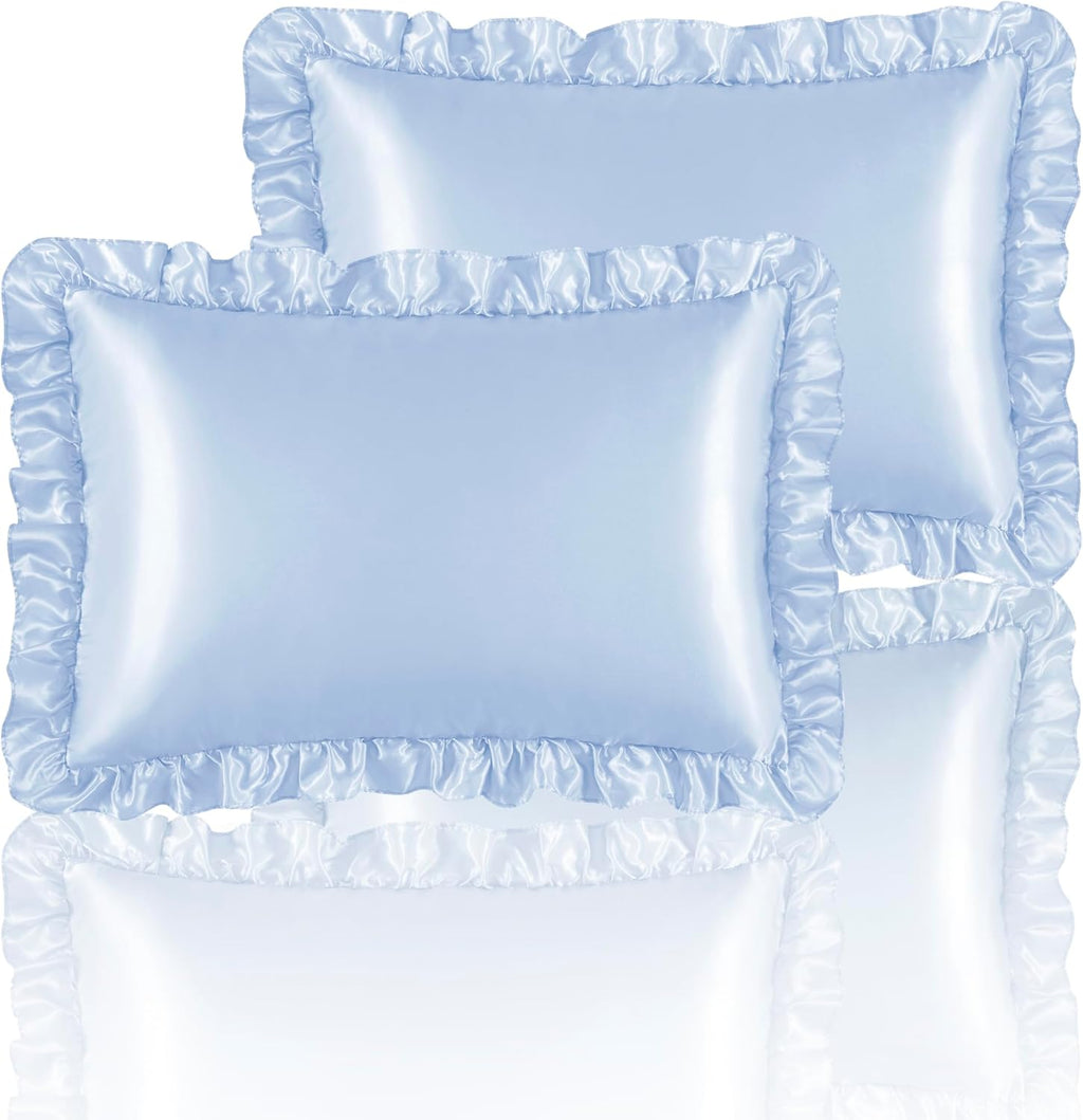 HommxJF Silky Satin Ruffled Pillow Cases for Hair and Skin, Light Blue Silk Pillowcases Queen Set of 2 with Envelope Closure Princess Room D…