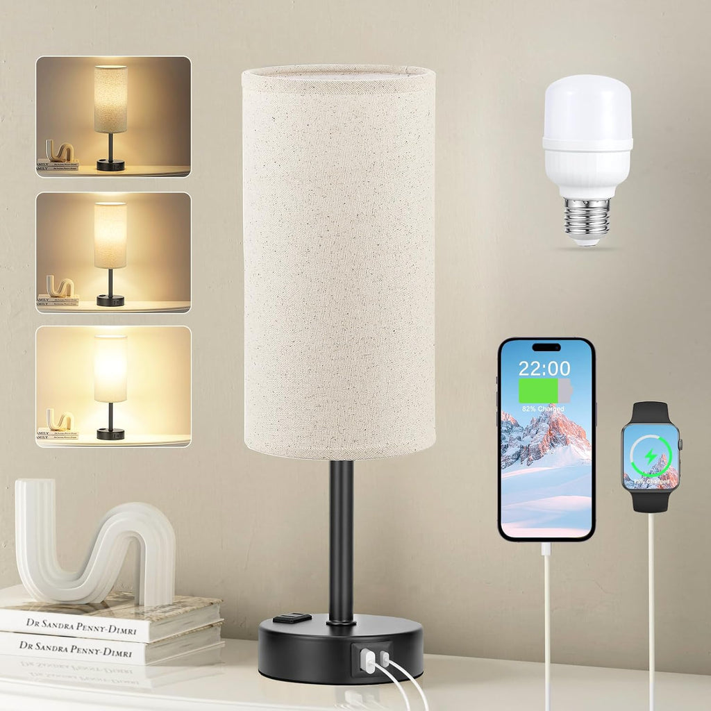 Fenmzee Beige Touch Table Lamp for Bedroom - 3 Way Dimmable Bedside Lamp USB C Charging Ports and AC Outlet, Small Lamp with Fabric Shade…