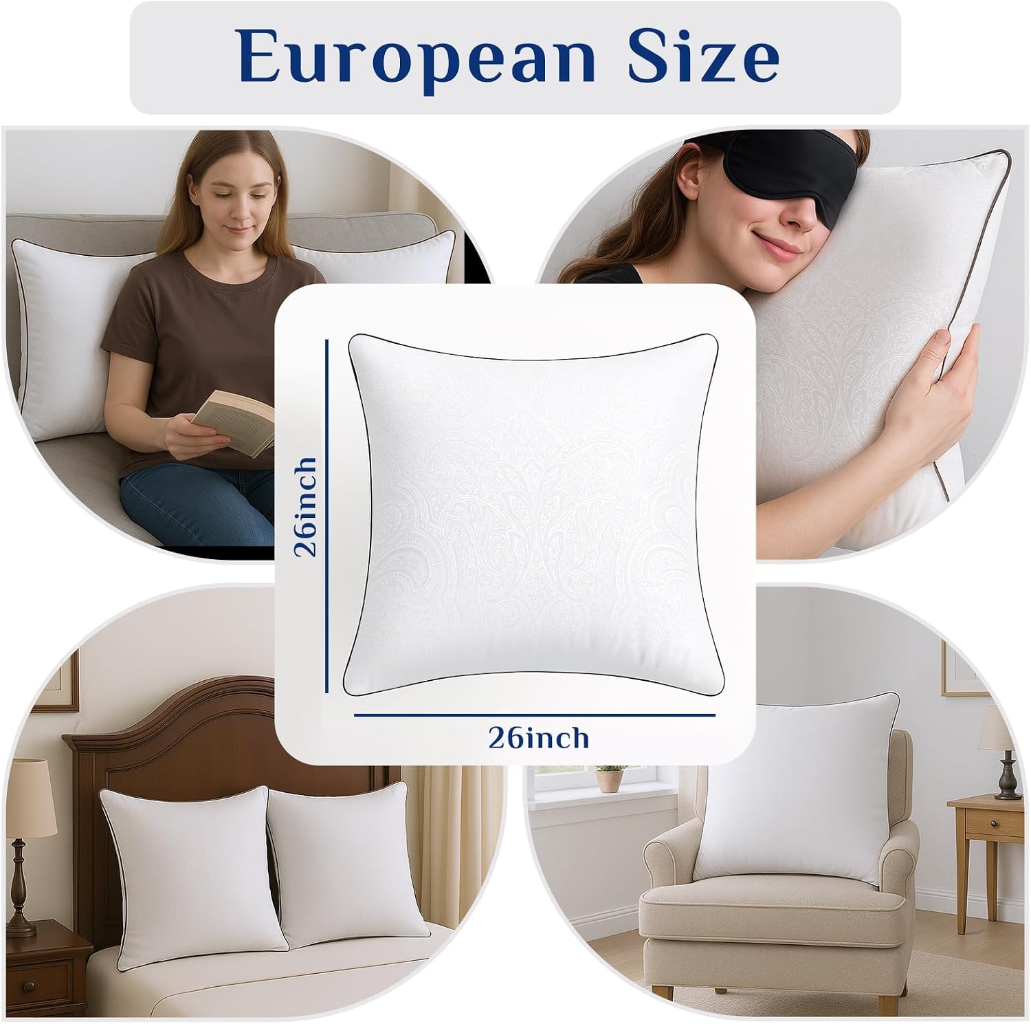 JOLLYVOGUE Euro Pillows for Sleeping, Soft and Supportive Throw Pillows for Couch, Bed and Sofa, Down Alternative Pillow, 26x26 Inches
