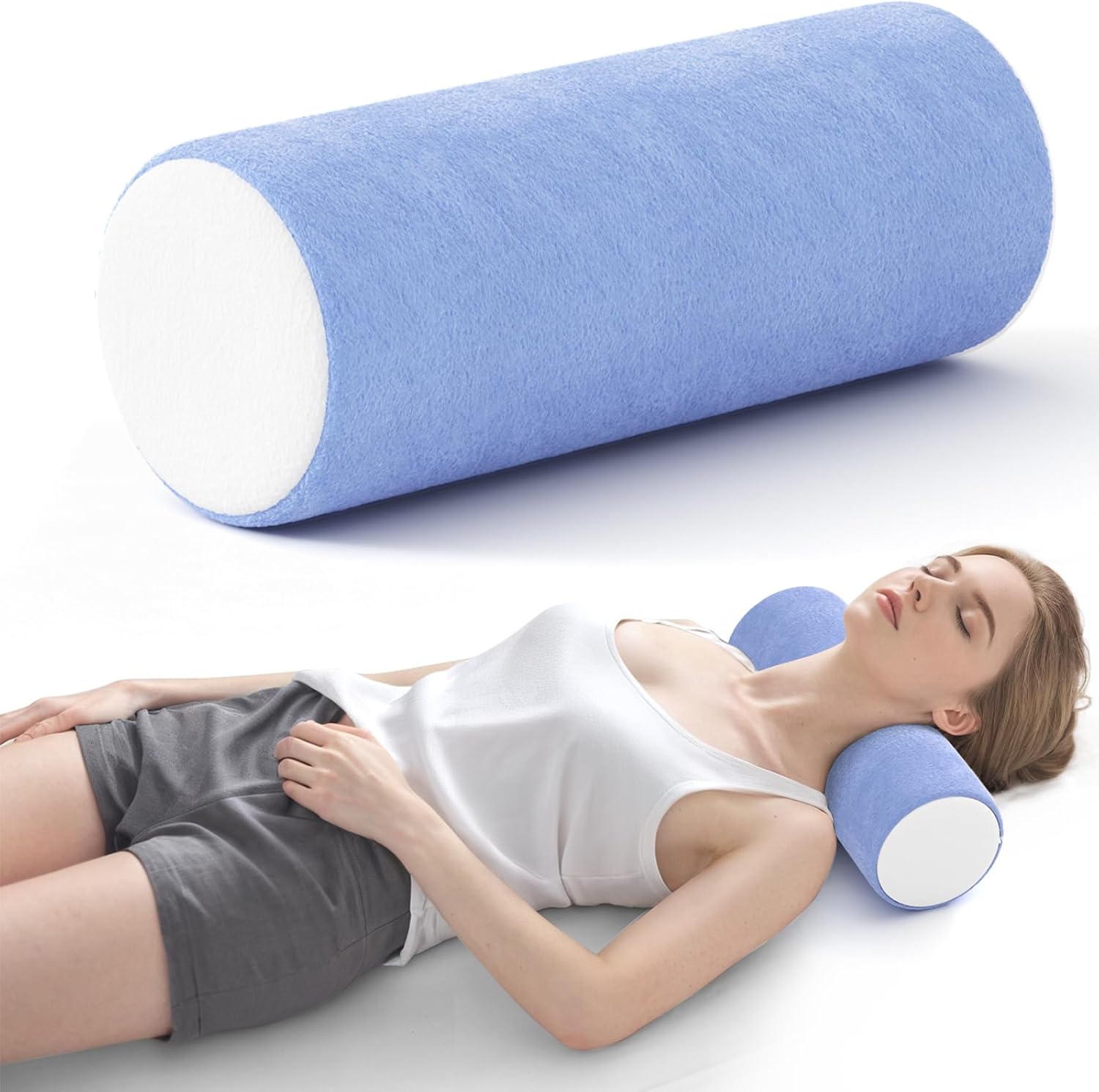Forcanby Neck Roll Cervical Pillow for Neck - Memory Foam Neck Pillow for Bed, Round Neck Pillows for Sleeping, 15.7 * 6 * 6inch (Blue-Whit…