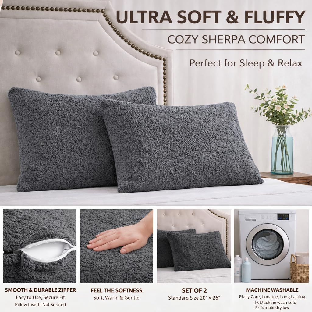 Reafort Ultra Soft Sherpa Pillowcases Set of 2 – Fluffy Cozy Fleece Standard 20" x 26", Warm Plush Covers with Smooth Zipper, Machine Washa…