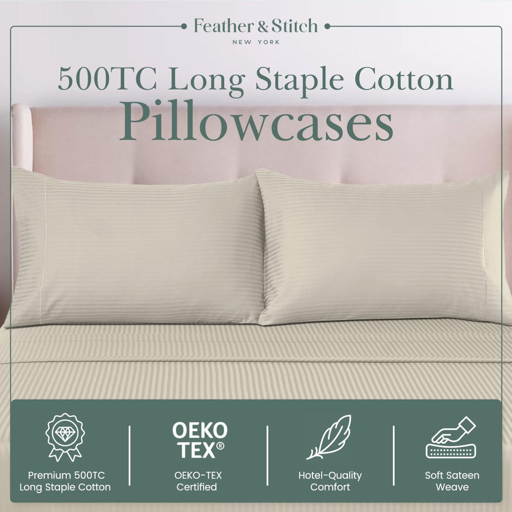 Featherstitchnewyork Feather & Stitch 100% Cotton Standard Pillow Covers Set of 2, 500TC Envelope Closure Pillowcases, Soft Luxury Damask S…