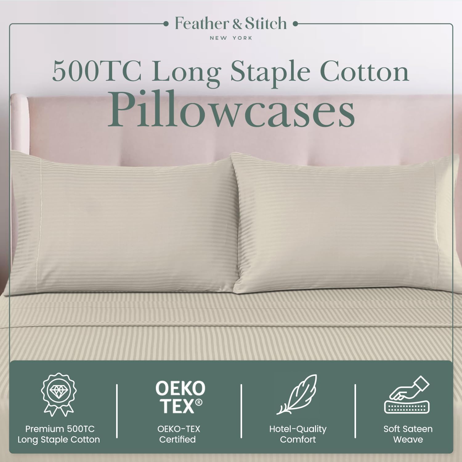 Featherstitchnewyork Feather & Stitch 100% Cotton Standard Pillow Covers Set of 2, 500TC Envelope Closure Pillowcases, Soft Luxury Damask S…