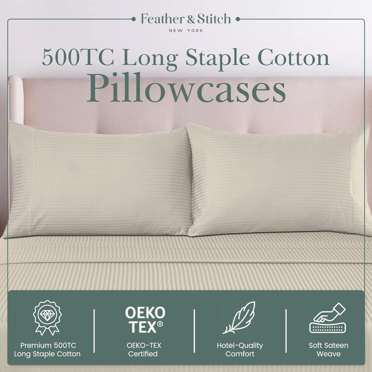 Featherstitchnewyork Feather & Stitch 100% Cotton King Pillow Covers Set of 2, 500TC Envelope Closure Pillowcases, Soft Luxury Damask Strip…