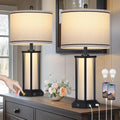 27" Tall Vintage Table Lamp Set of 2 with USB C+A & Outlet, Black Industrial End Table Lamp for Living Room, Farmhouse Rustic Bedside Lamps…