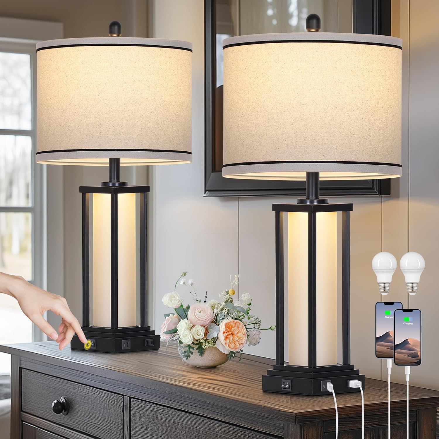 27" Tall Vintage Table Lamp Set of 2 with USB C+A & Outlet, Black Industrial End Table Lamp for Living Room, Farmhouse Rustic Bedside Lamps…