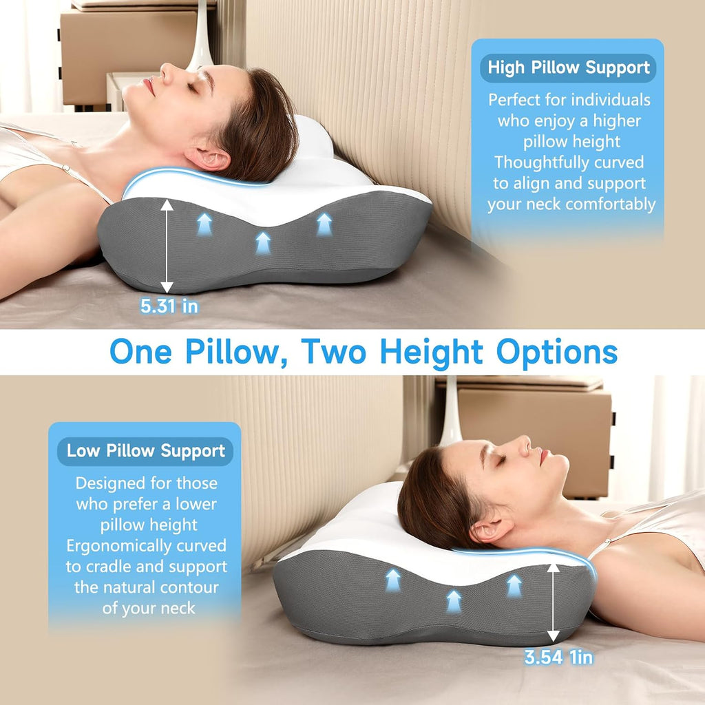 jiaao Cervical Neck Pillow with 2 Heights (5.31/3.54 in), Queen Size Bed Pillow with Cooling Pillowcase, Contoured Memory Foam Pillow for S…