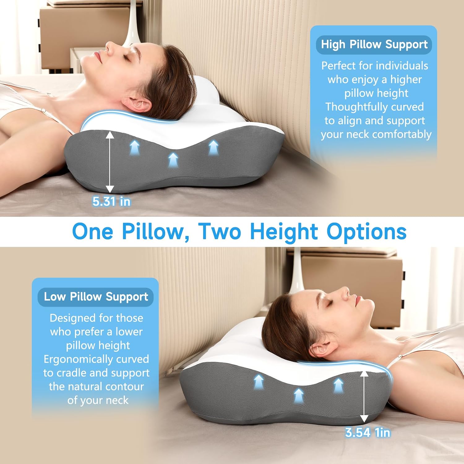 jiaao Cervical Neck Pillow with 2 Heights (5.31/3.54 in), Queen Size Bed Pillow with Cooling Pillowcase, Contoured Memory Foam Pillow for S…