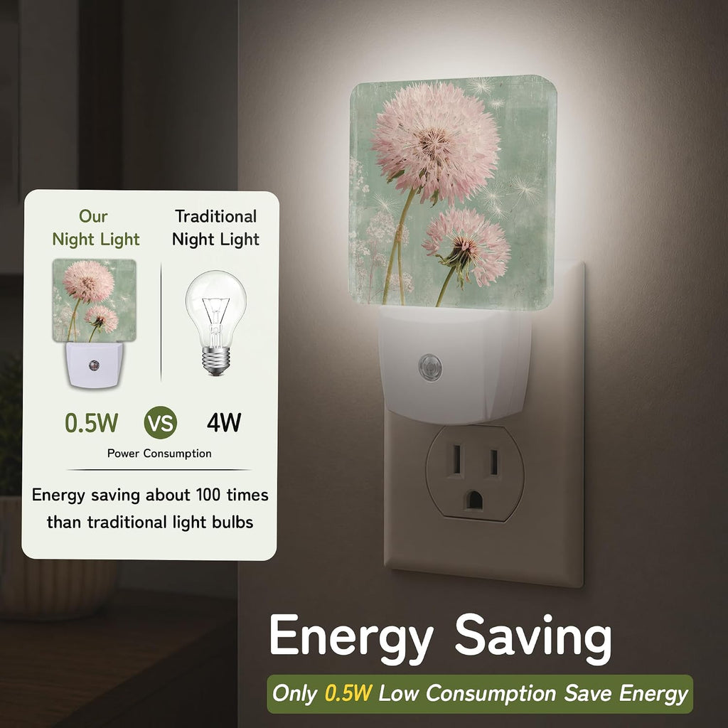 Vintage Pink Dandelion Night Lights Plug into Wall, Night Light with Dusk to Dawn Sensor for Bedroom Bathroom Kitchen Hallway Stairs…