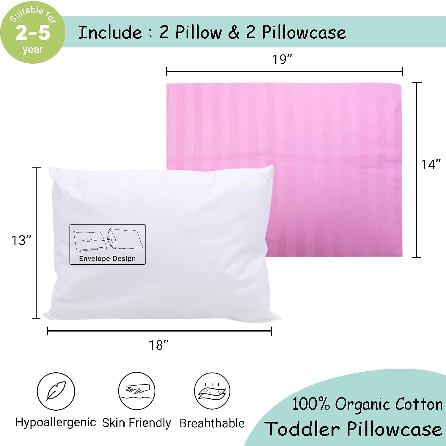 ZPECC-ABrandThatHasBeenFocusedOnBeddingFor20Years ZPECC Toddler Pillow with Pillowcase 2 Pack - 13x18 Organic Cotton Hypoallergenic Kids Pi…