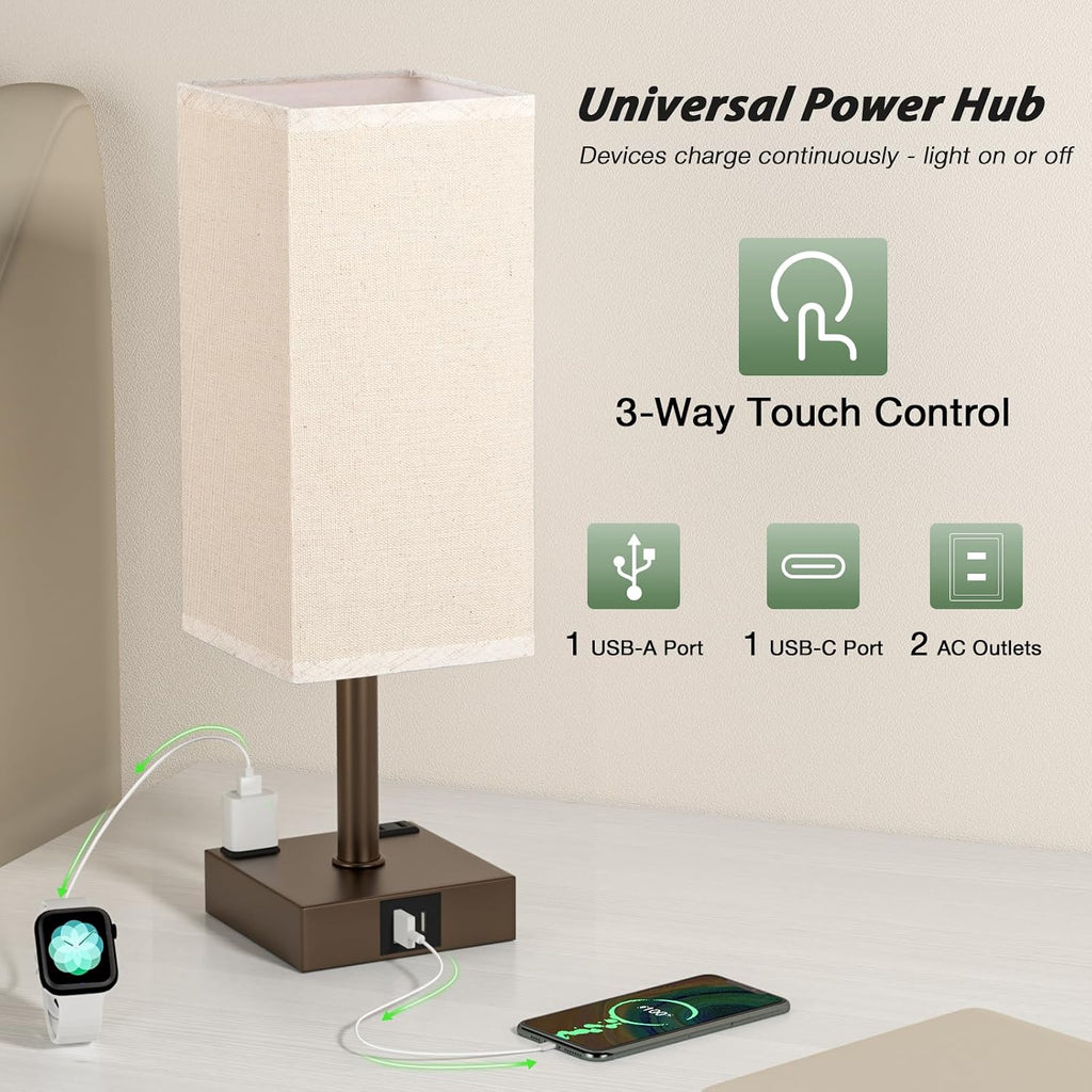 aooshine Brown Base Touch Lamps Set of 2 - Nightstand Lamp with USB-C + A Charge Ports & AC Outlets, 3-Way Dimmable Bedside Lamp, Small…