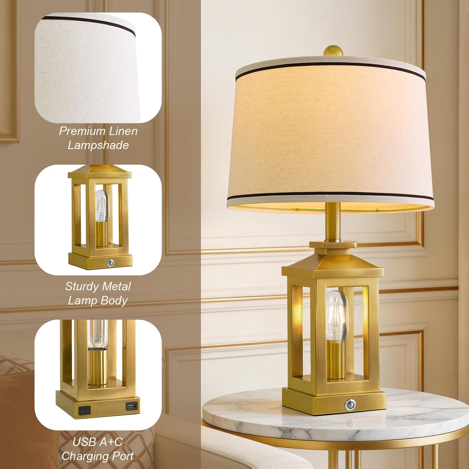 G-SAFAVA 24" Table Lamps for Living Room Bedroom Modern Gold Bedside Lamps Set of 2 Nightstand Lamps for Night Stands 3 Way Dimmable…