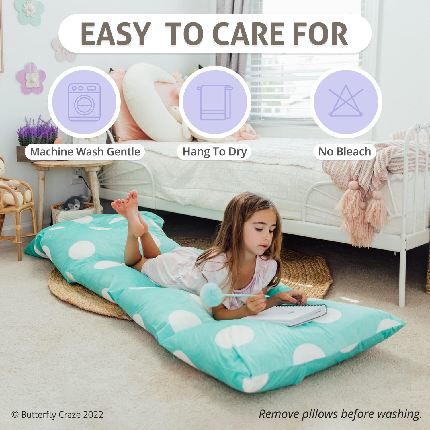 Butterfly Craze Floor Pillow Case, Mattress Bed Lounger Cover, Polka Aqua, King Size - Cozy Seating Solution for Kids & Adults, Recliner…