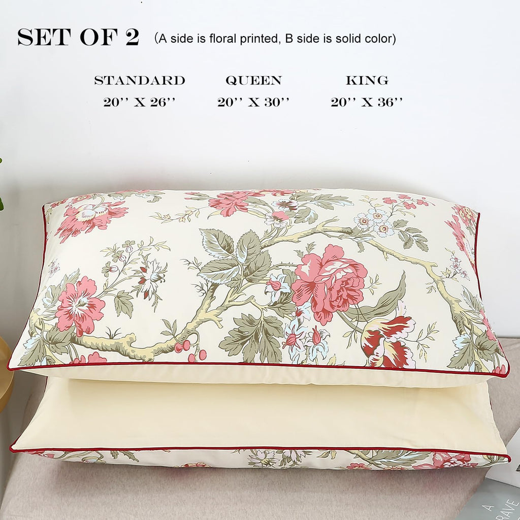 Winlife 100% Cotton Pillowcases Floral Printed Pillow Cases Set of 2 Red Flowers and Green Branches Leaf Pattern Pillow Cover King 20x36''…