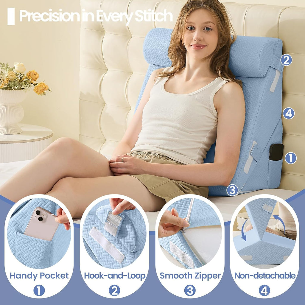 Sasttie Wedge Pillow Set for After Surgery, 2PCS Adjustable Bed Wedge Pillow Headboard with Memory Foam Neck Cushion – for Acid Reflux, Sle…