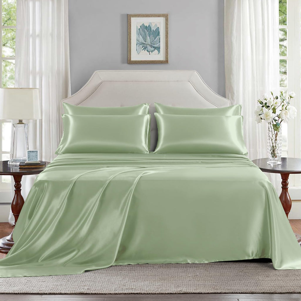 Golal Satin Sheets Full Size - 6 Pieces Luxury Silky Soft Bed Sheets, Wrinkle-Free Sage Green Satin Silk Sheet Set with 1 Deep Pocket Fitte…