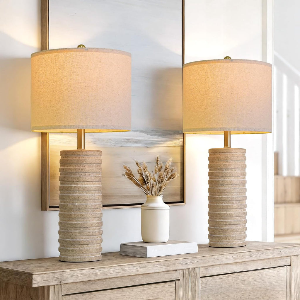 PoKat 27'' Farmhouse Table Lamps Set of 2 for Living Room, Stone-Like Bedside Lamp for Bedroom, Boho Ceramic Tall Lamps for Nightstand…