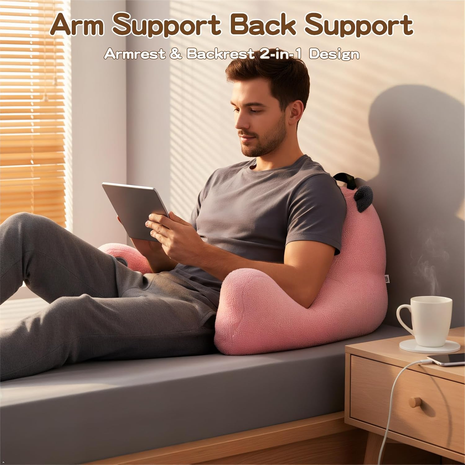 Ajicong Reading Pillow for Sitting in Bed Couch Teens/Adult, Back Rest Pillow for Sitting Up in Bed with Shredded Memory Foam, Includes Arm…