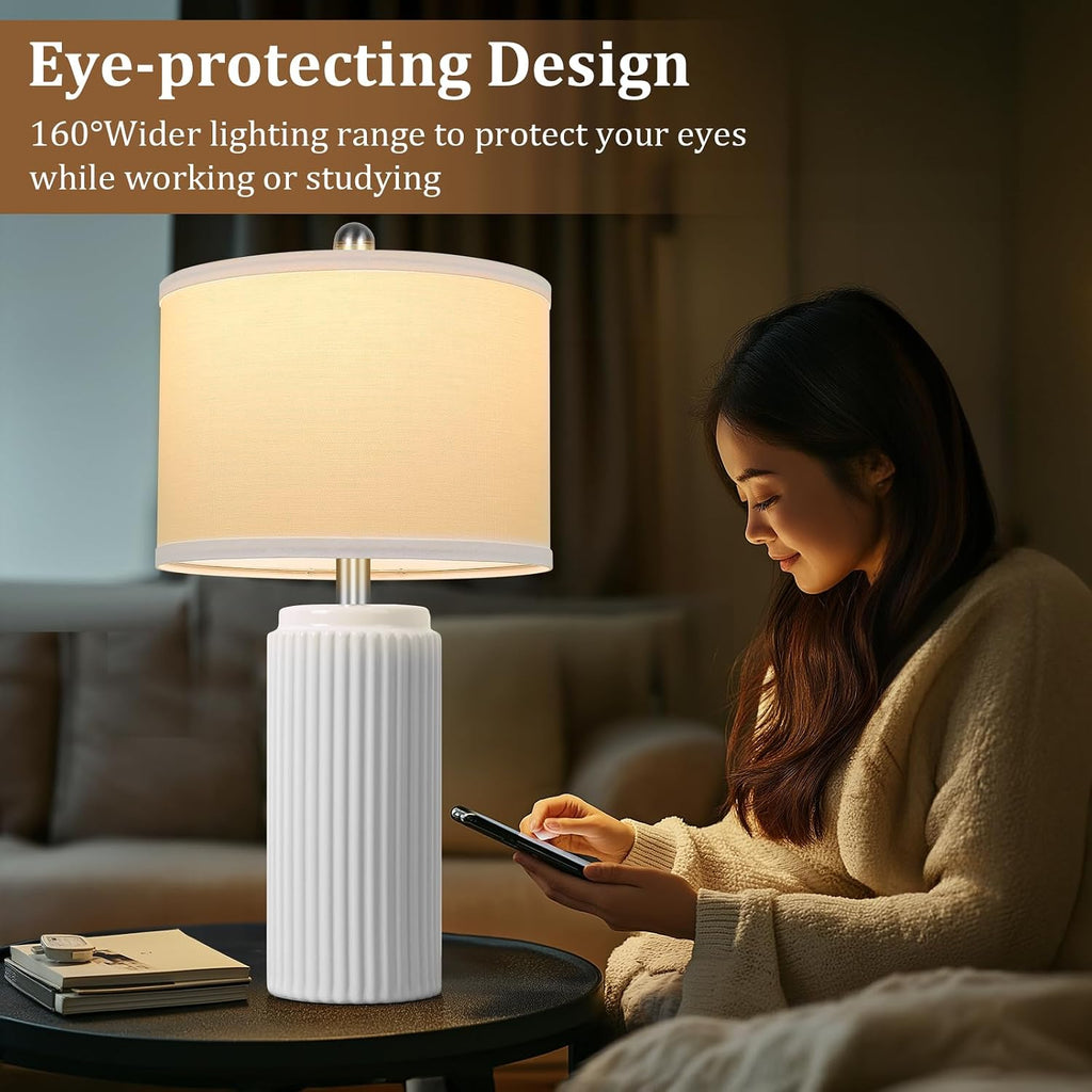 Tobusa 23.5’’ Modern White Ceramic Lamps Set of 2, Living Room Retro Side Table Lamps, Farmhouse Bedside Nightstand White Lamps for Bedroom…