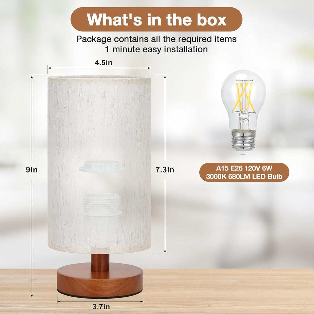 Fenmzee Small Table Lamp for Bedroom - Inline Control, Bedside Lamp with 3000K A15 LED Blub, Easy Assembly (Cream Shade - Walnut Base, 9"…