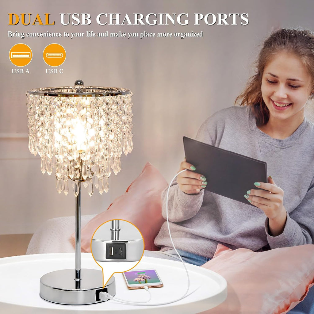 Touch Control Crystal Table Lamp with USB C+A Charging Ports, 3-Way Dimmable Bedside Touch Lamp Decorative Nightstand Lamp with Elegant…