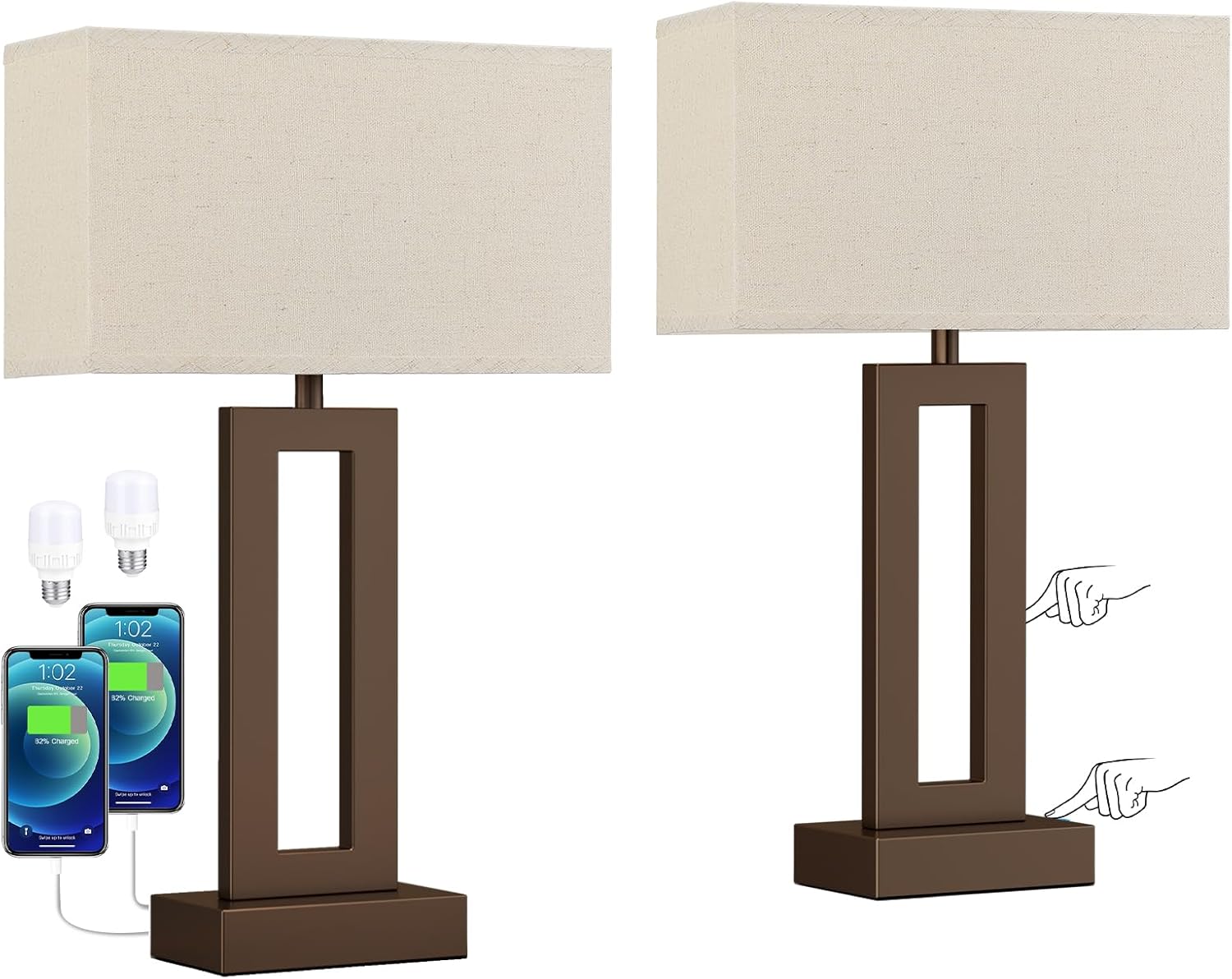 Seealle Bedroom Lamps for Night Stands - Touch Control, 3 Way Dimmable, USB C+A Charging, LED Bulbs, Easy Assembly(Yellow&Brown)