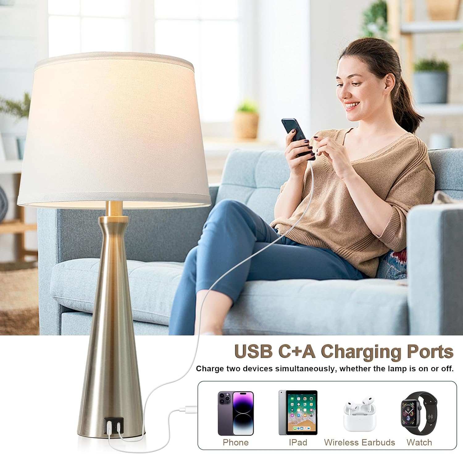 Seealle Modern Table Lamps Set of 2 - Touch Bedside Lamp for Nightstand with Dual USB C+A,3-Way Dimmable Silver Nightstand Lamps for…