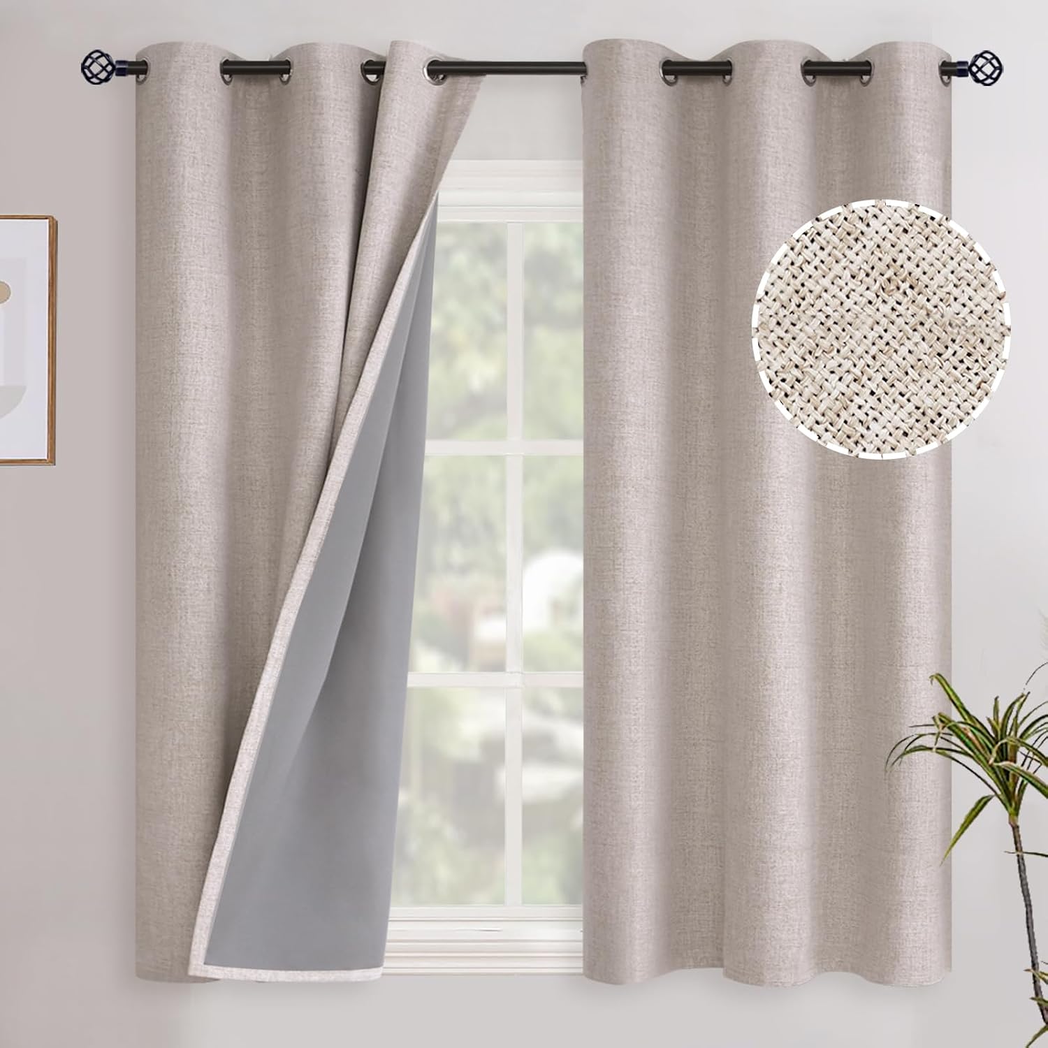 YoungsTex Short Linen Blackout Curtains 45 Inch Length for Bedroom, Full Room Darkening Linen Textured Window Drapes Thermal Insulated Pane…