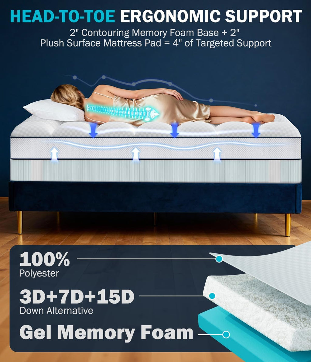 Panyu Dual Layer 4 Inch Memory Foam Mattress Topper Queen Size, 2" Cooling Gel Memory Foam & 2" Pillow Top Bed Topper, CertiPUR-US Mattress…