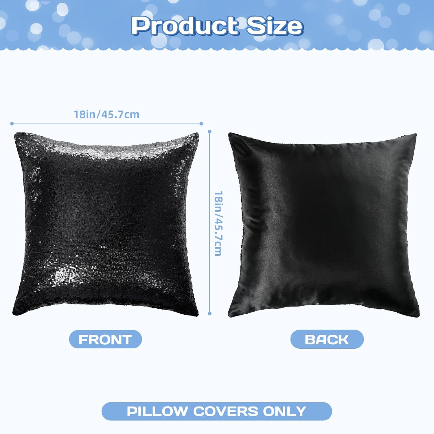 Eternal Beauty Set of 2 Sequin Decorative Pillow Cases Black Pillow Covers for Couch Bed Throw Pillows 18 X 18 Inches
