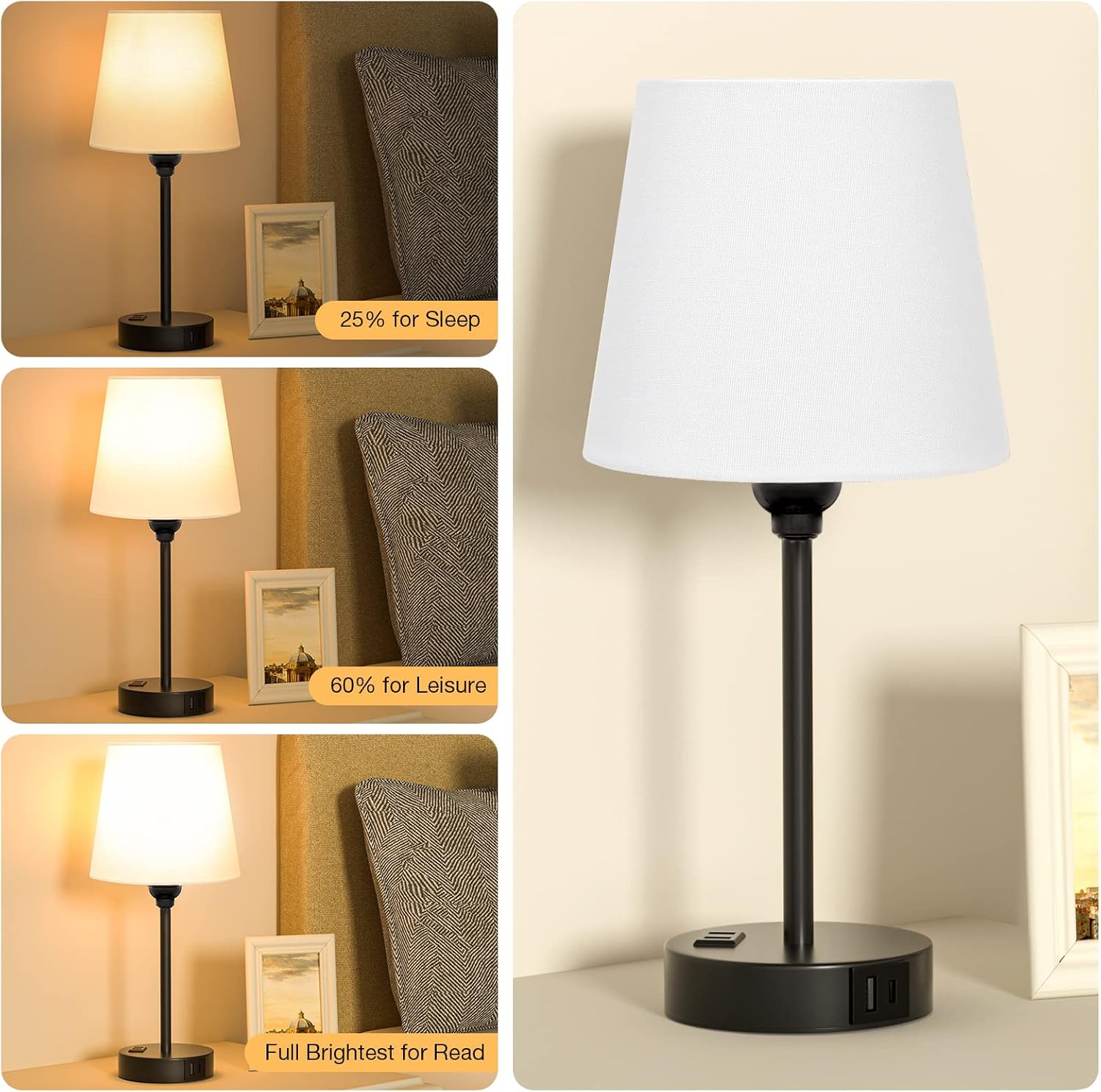 White Bedside Lamps for bedrooms Set of 2 - Nightstand Bedroom Lamp with USB C Port and AC Outlet Charging, 3 Way Dimmable Touch Control…