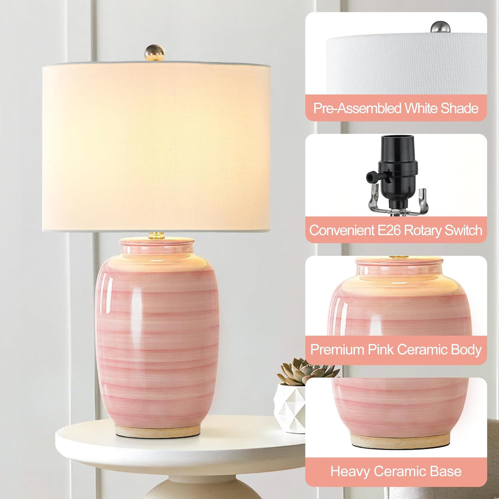 Maxax 25" Pink Ceramic Table Lamp for Living Room, Modern Ceramic Bedside Lamp for Bedroom, End Table Lamp with White Farice for…