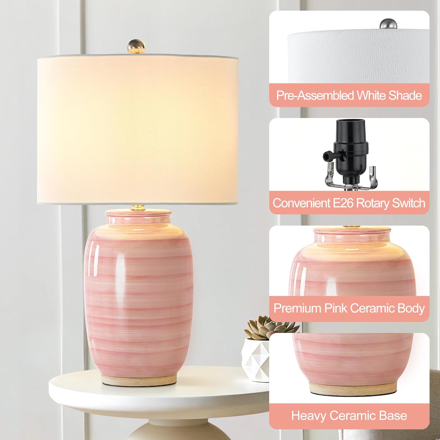 Maxax 25" Pink Ceramic Table Lamp for Living Room, Modern Ceramic Bedside Lamp for Bedroom, End Table Lamp with White Farice for…