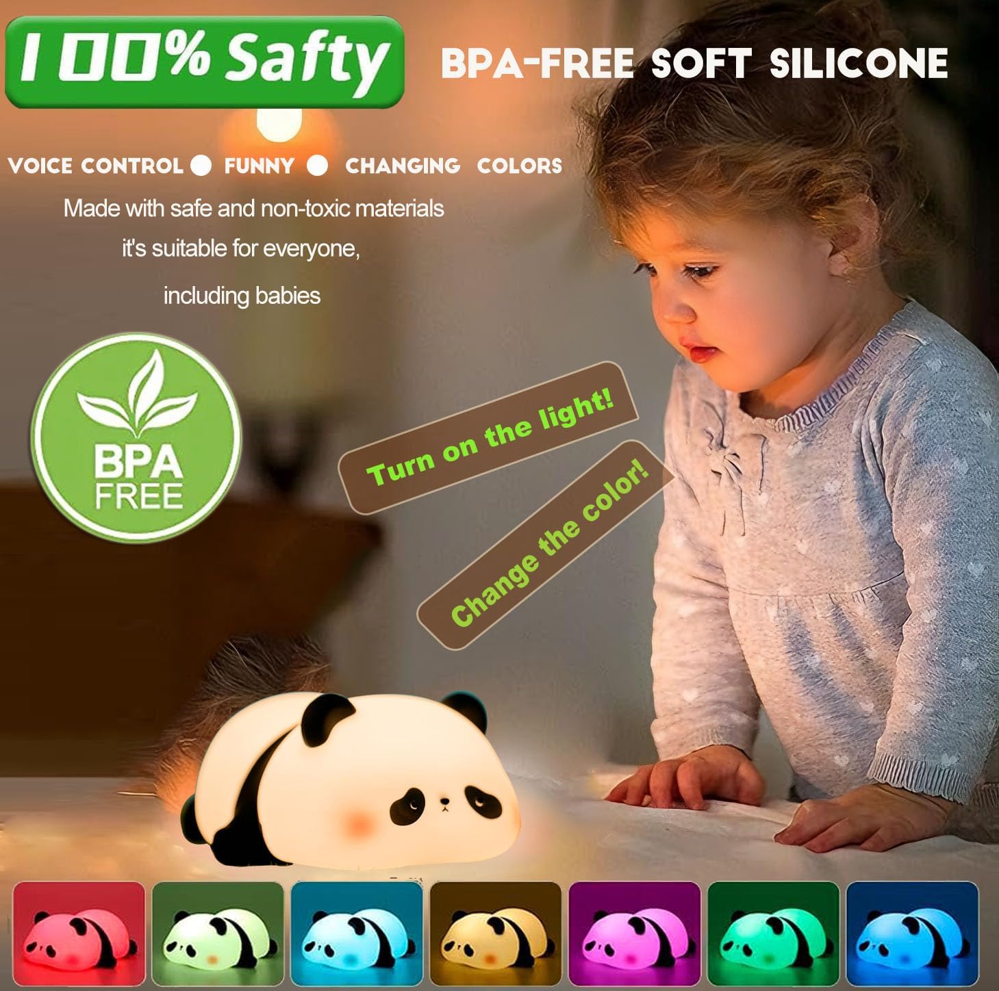 Dreaming My Dream Squishy Cute Panda Night Light, Voice Controlled Light with 7 Color Modes Soft Silicone USB Charging Panda Lamp for Kids R…