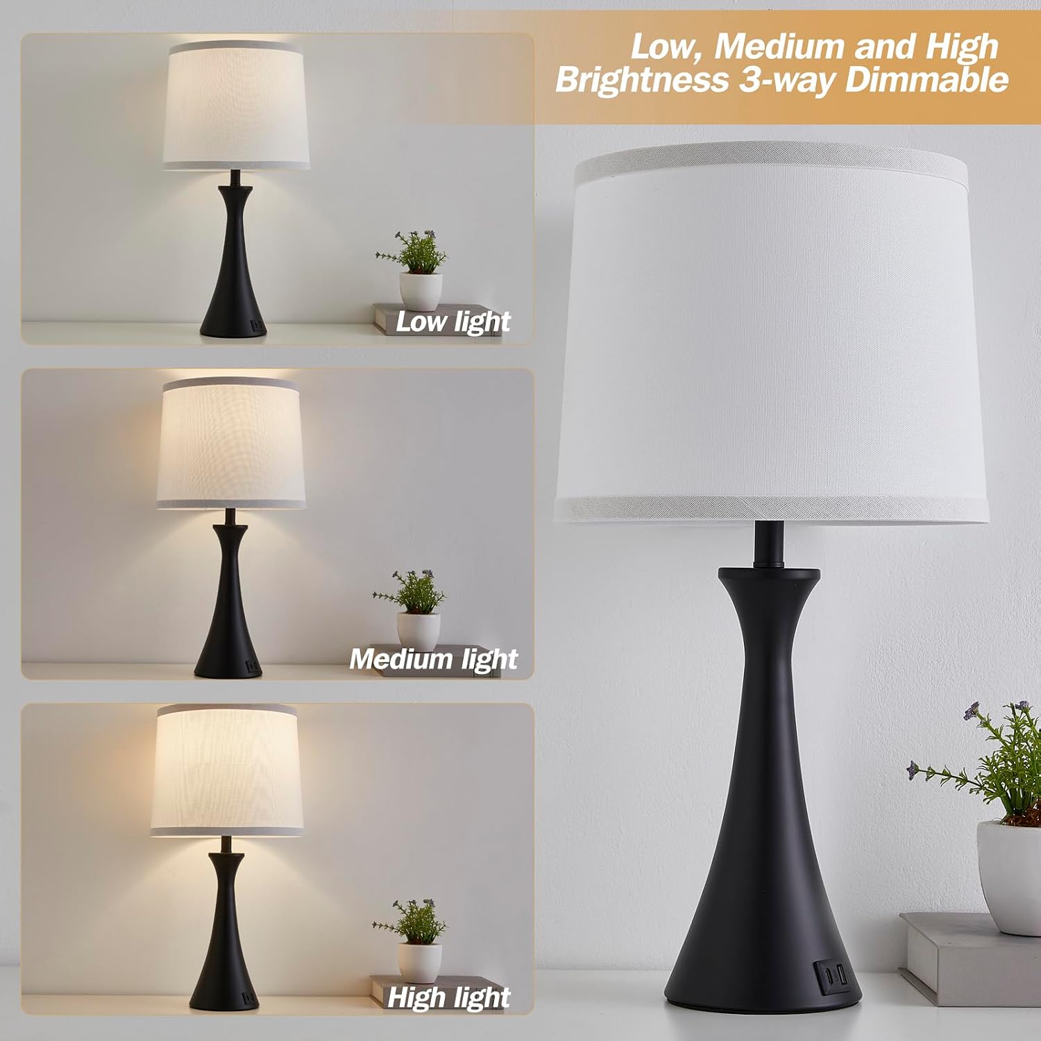 Touch Lamp for Living Room Bedroom, 21" Table Lamps Set of 2 with USB C+A Ports and White Lamp Shades, Touch Bedside Lamps for Nightstand…