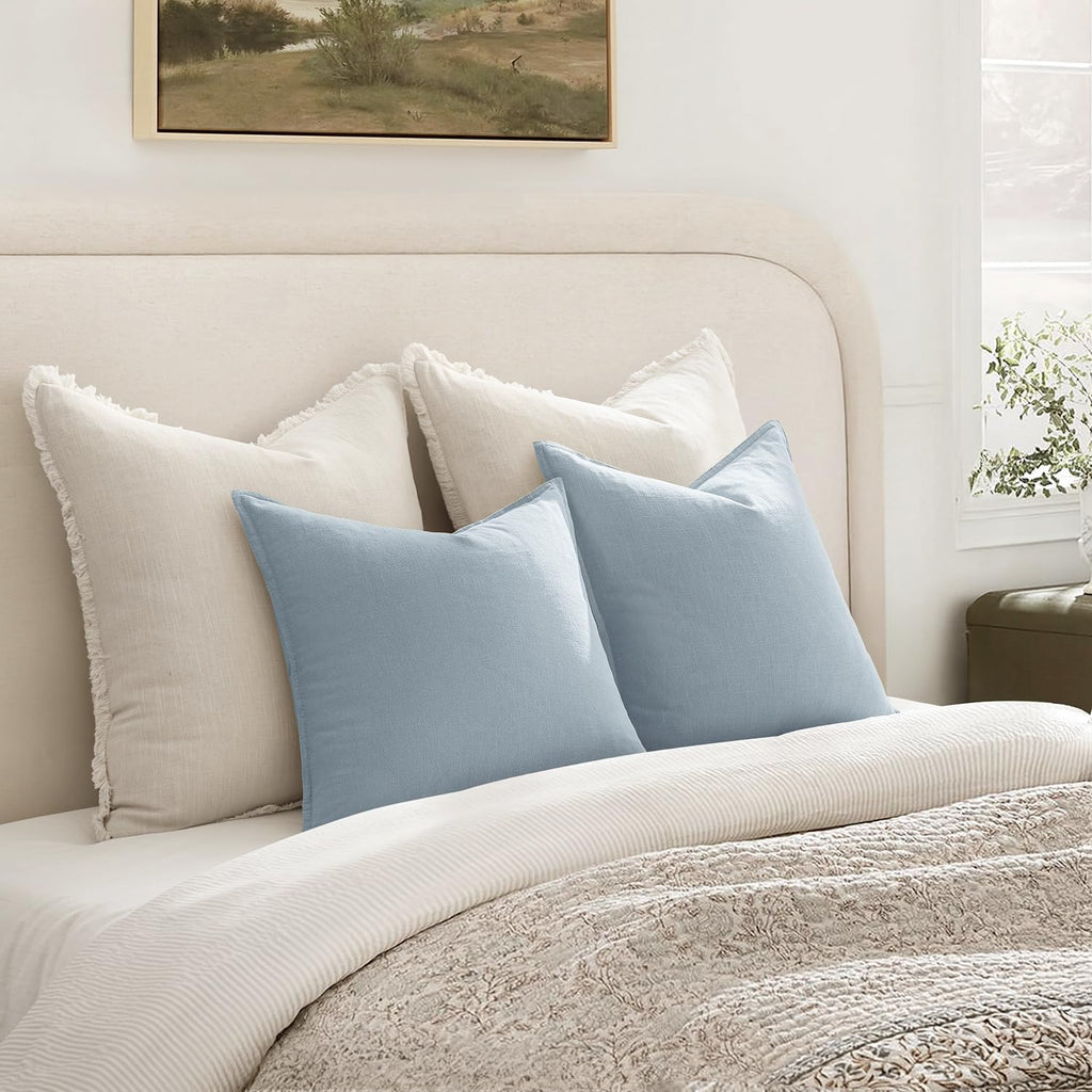 Anroduo Pack of 2 Decorative Linen Pillow Covers Light Blue Neutral Farmhouse Boho Soild Cushion Case Soft Accent Pillowcase for Couch Sofa…