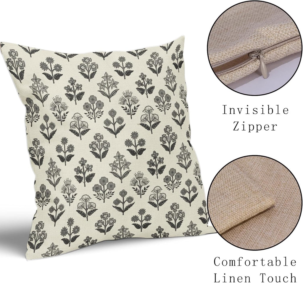 Black Grey Gray Block Print Pillow Covers 20x20 Inch Set of 2, Vintage Floral Decorative Throw Pillow Cases Boho Cushion Covers Rustic…